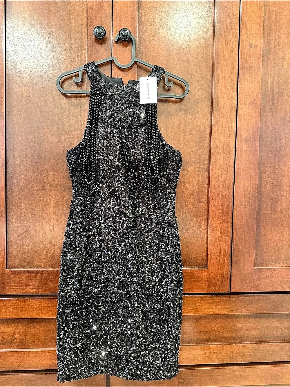 Lane Eclat Black Sequin Beaded Formal Evening Dress Size Large NWT